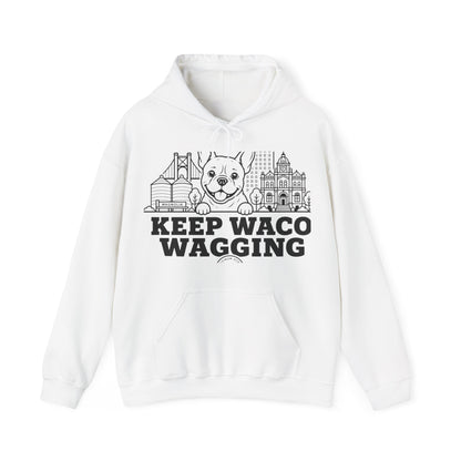 Waco Frenchie Hoodie — Frenchie and Waco skyline artwork on White hoodie