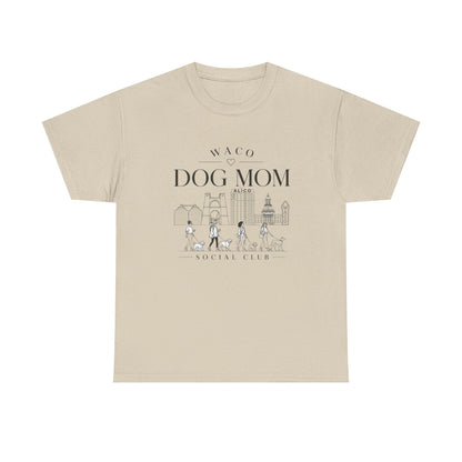 Waco Dog Mom Tee — dog mom Waco skyline artwork on Sand tee
