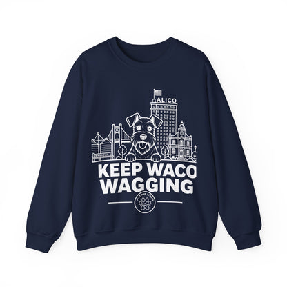 Waco Schnauzer Sweatshirt — Schnauzer and Waco skyline artwork on Navy crewneck
