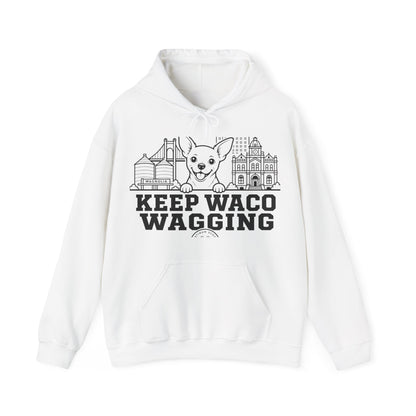 Waco Chihuahua Hoodie — Chihuahua and Waco skyline artwork on White hoodie