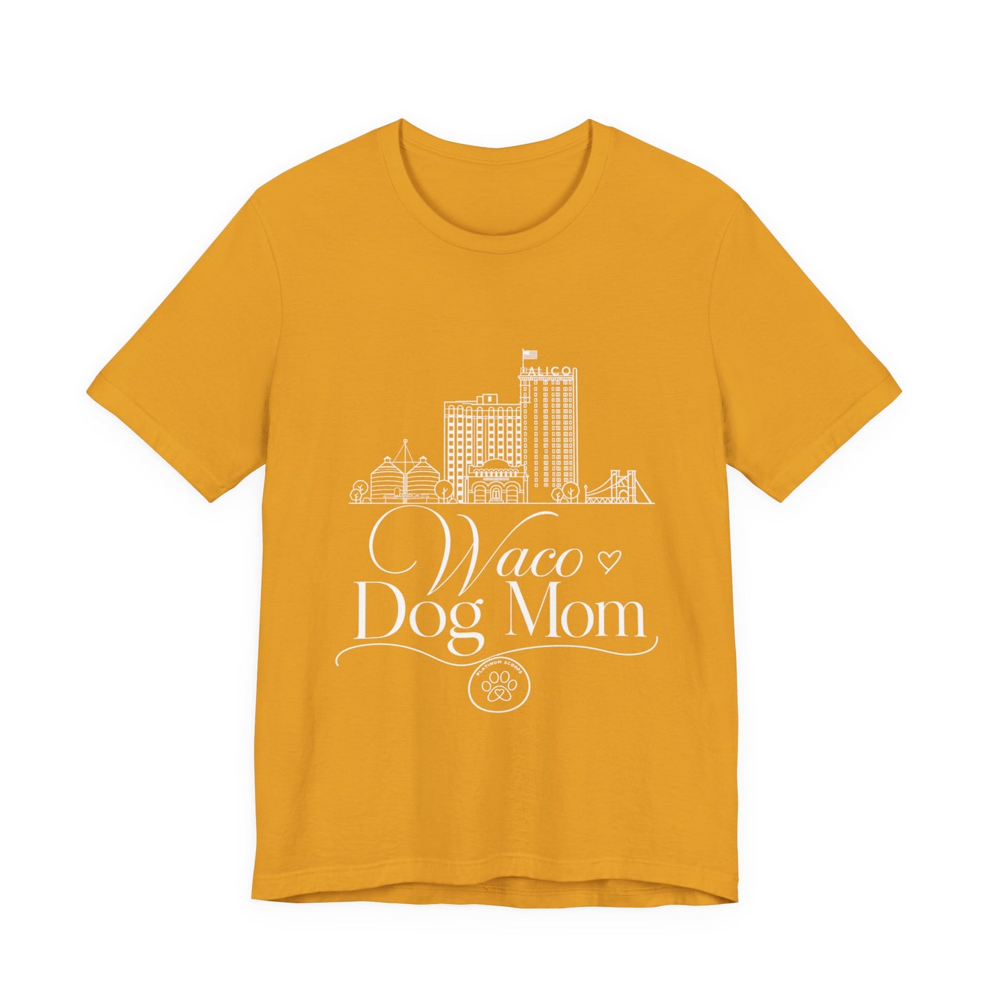 Waco Dog Mom Tee — dog mom Waco skyline artwork on Mustard tee