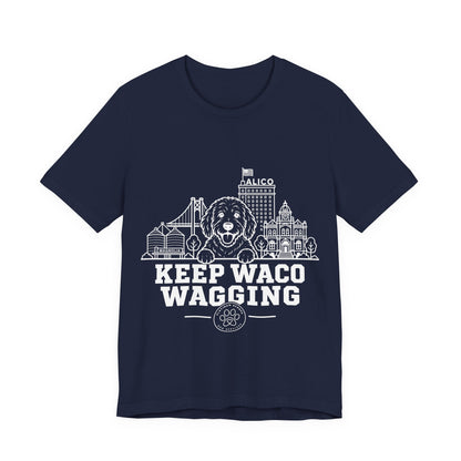 Keep Waco Wagging Doodle Edition — Doodle and Waco skyline artwork on Navy tee
