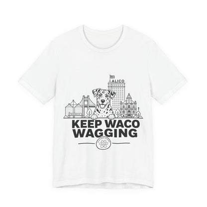 Keep Waco Wagging — Catahoula and Waco skyline artwork on White tee