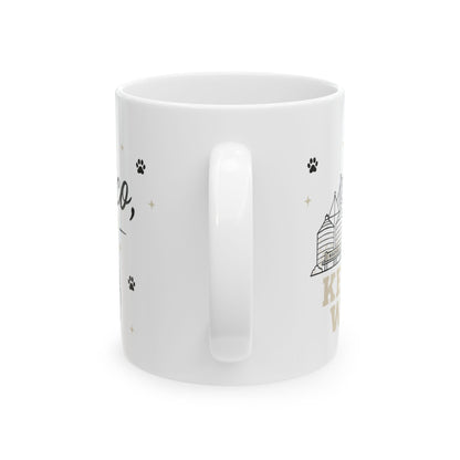 Keep Waco Wagging ceramic mug — Waco skyline mug, close-up of artwork