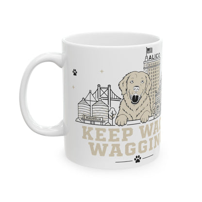 Keep Waco Wagging ceramic mug — Waco skyline mug, lifestyle context