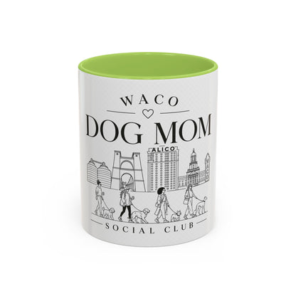 Waco Dog Mom Social Club mug (11oz) — Waco skyline artwork with Light Green accent