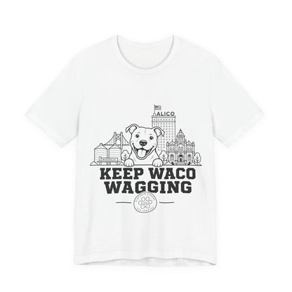 Keep Waco Wagging Pittie Edition — Pittie and Waco skyline artwork on White tee