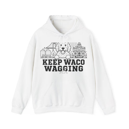 Waco Doodle Hoodie — Doodle and Waco skyline artwork on White hoodie