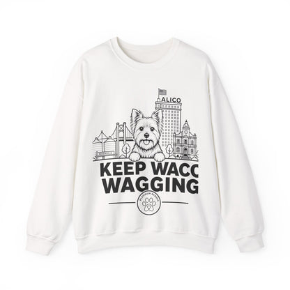 Waco Yorkie Sweatshirt — Yorkie and Waco skyline artwork on White crewneck