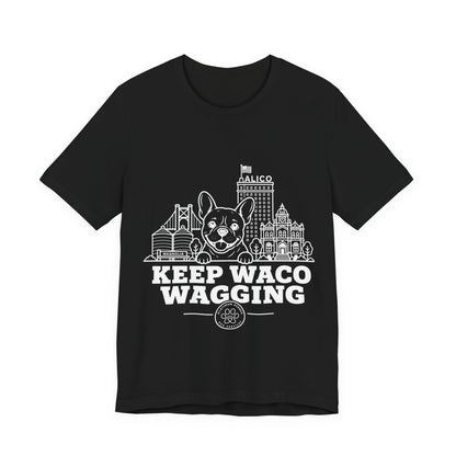 Keep Waco Wagging Frenchie Edition — Frenchie and Waco skyline artwork on Black tee