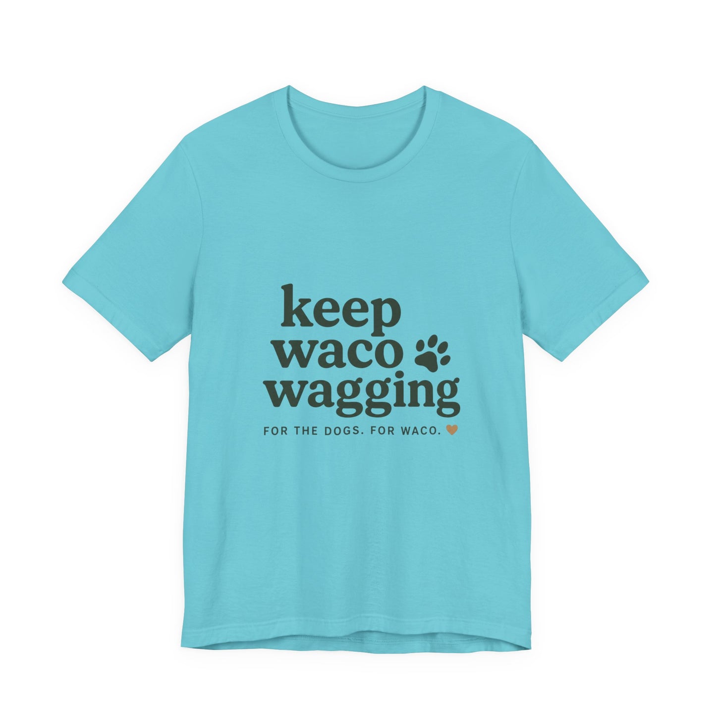 Walks & Treats Waco Streets tee — Waco skyline artwork on Turquoise tee