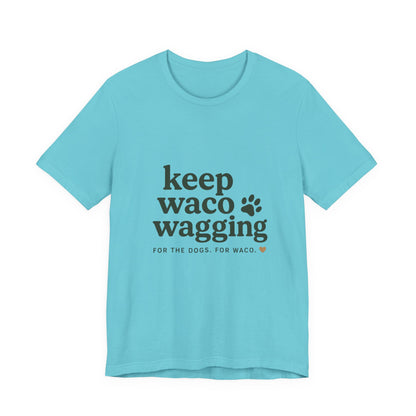 Walks & Treats Waco Streets tee — Waco skyline artwork on Turquoise tee
