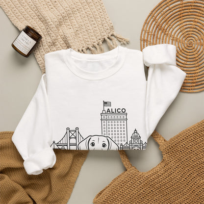 Waco Dachshund Sweatshirt — Dachshund and Waco skyline artwork, packaging or scale reference