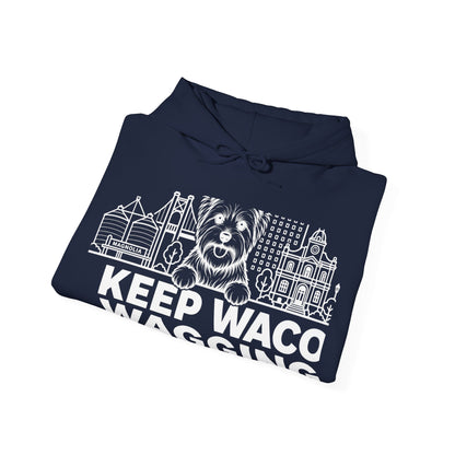 Waco Yorkie Hoodie — Yorkie and Waco skyline artwork, packaging or scale reference