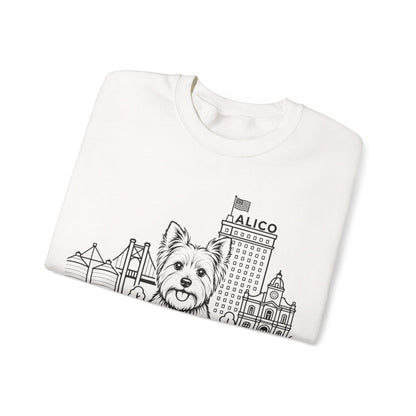 Waco Yorkie Sweatshirt — Yorkie and Waco skyline artwork, detail view