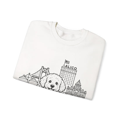 Waco Maltipoo Sweatshirt — Maltipoo and Waco skyline artwork, detail view