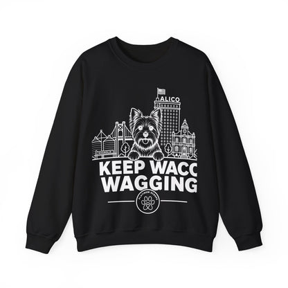Waco Yorkie Sweatshirt — Yorkie and Waco skyline artwork on Black crewneck