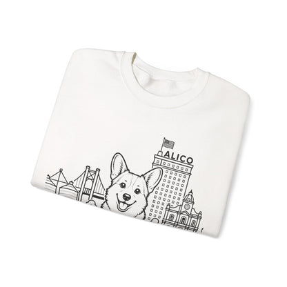 Waco Corgi Sweatshirt — Corgi and Waco skyline artwork, detail view
