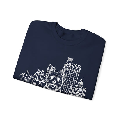 Waco Yorkie Sweatshirt — Yorkie and Waco skyline artwork, packaging or scale reference