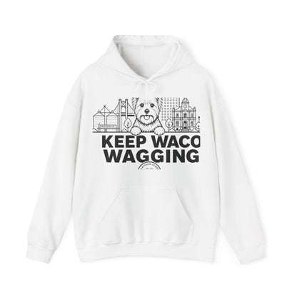 Waco Yorkie Hoodie — Yorkie and Waco skyline artwork on White hoodie