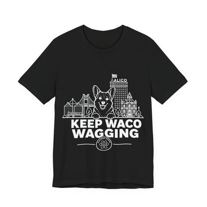 Keep Waco Wagging — Corgi and Waco skyline artwork on Black tee
