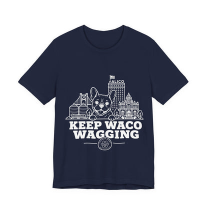 Keep Waco Wagging Frenchie Edition — Frenchie and Waco skyline artwork on Navy tee