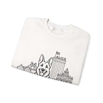 Waco German Shepherd Sweatshirt — German Shepherd and Waco skyline artwork, detail view