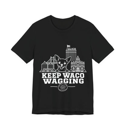 Keep Waco Wagging Chihuahua Edition — Chihuahua and Waco skyline artwork on Black tee