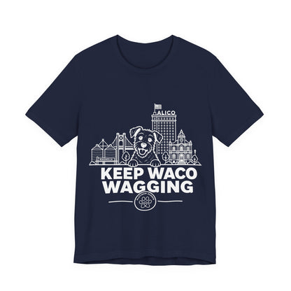 Keep Waco Wagging — Rescue Mutt and Waco skyline artwork on Navy tee