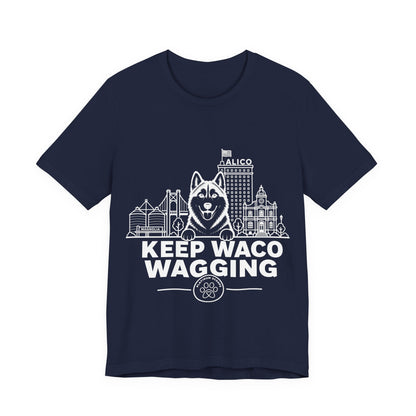 Keep Waco Wagging — Siberian Husky and Waco skyline artwork on Navy tee