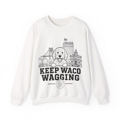 Waco Doodle Sweatshirt — Doodle and Waco skyline artwork on White crewneck