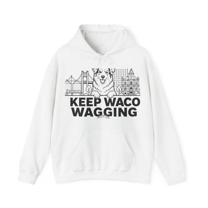 Waco Australian Shepherd Hoodie — Australian Shepherd and Waco skyline artwork on White hoodie