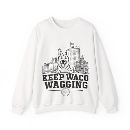 Waco German Shepherd Sweatshirt — German Shepherd and Waco skyline artwork on White crewneck