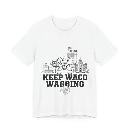 Keep Waco Wagging Labrador Edition — Labrador and Waco skyline artwork on White tee