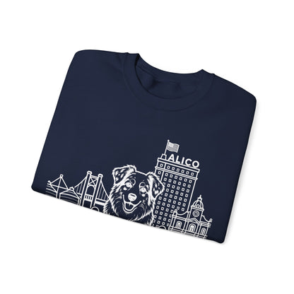 Waco Australian Shepherd Sweatshirt — Australian Shepherd and Waco skyline artwork, packaging or scale reference