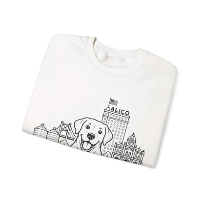 Waco Labrador Sweatshirt — Labrador and Waco skyline artwork, detail view
