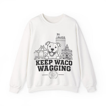 Waco Pittie Sweatshirt — Pittie and Waco skyline artwork on White crewneck