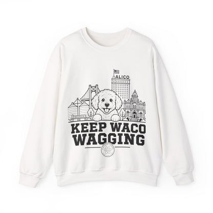 Waco Maltipoo Sweatshirt — Maltipoo and Waco skyline artwork on White crewneck