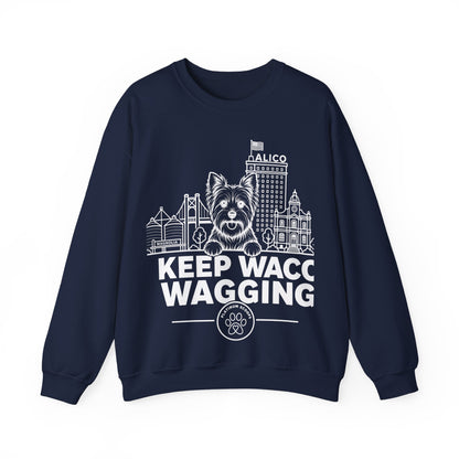 Waco Yorkie Sweatshirt — Yorkie and Waco skyline artwork on Navy crewneck