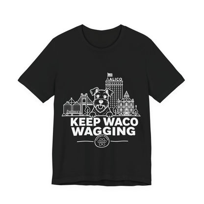 Keep Waco Wagging Schnauzer Edition — Schnauzer and Waco skyline artwork on Black tee