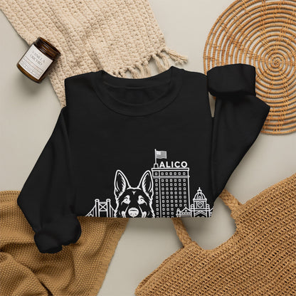 Waco German Shepherd Sweatshirt — German Shepherd and Waco skyline artwork, packaging or scale reference