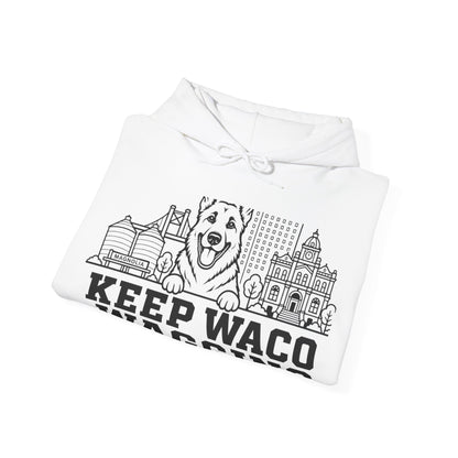 Waco German Shepherd Hoodie — German Shepherd and Waco skyline artwork, packaging or scale reference
