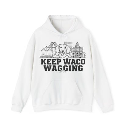 Waco Dachshund Hoodie — Dachshund and Waco skyline artwork on White hoodie
