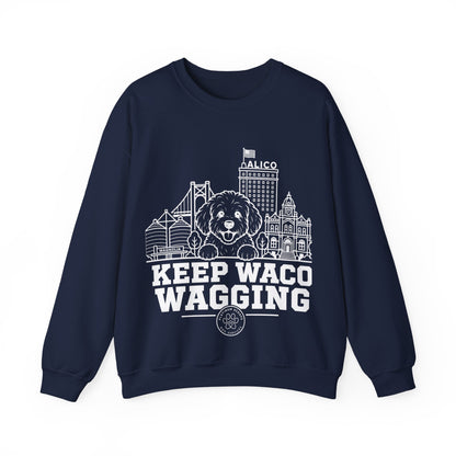 Waco Maltipoo Sweatshirt — Maltipoo and Waco skyline artwork on Navy crewneck