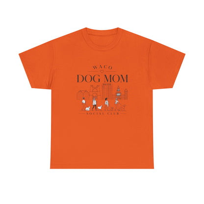 Waco Dog Mom Tee — dog mom Waco skyline artwork on Orange tee