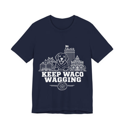 Keep Waco Wagging Golden Retriever Edition — Golden Retriever and Waco skyline artwork on Navy tee
