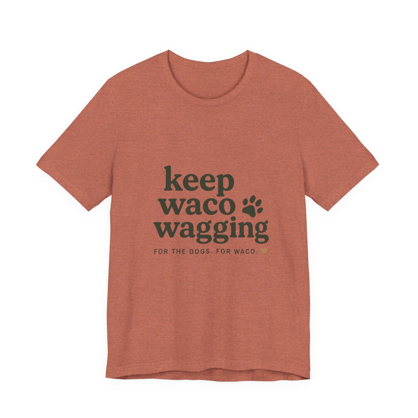 Walks & Treats Waco Streets tee — Waco skyline artwork on Heather Clay tee