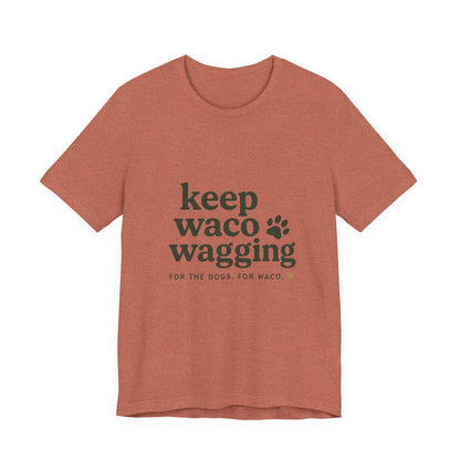 Walks & Treats Waco Streets tee — Waco skyline artwork on Heather Clay tee