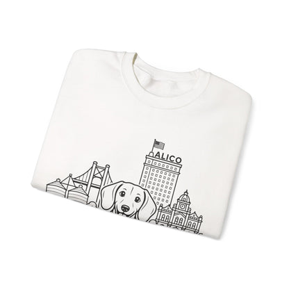 Waco Dachshund Sweatshirt — Dachshund and Waco skyline artwork, detail view