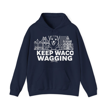 Waco Corgi Hoodie — Corgi and Waco skyline artwork on Navy hoodie